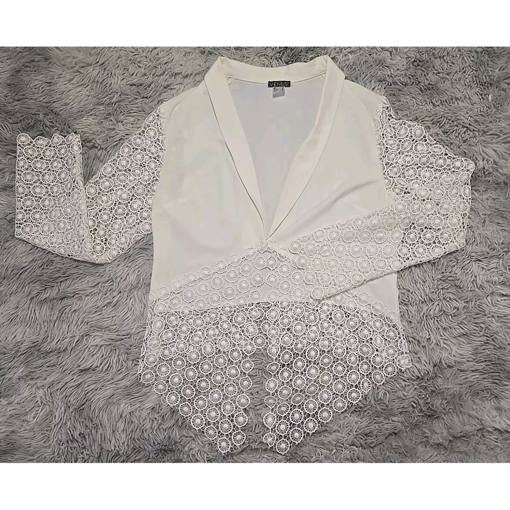 Venus Women's Crochet Lace Cardigan Sz 16 Peplum Tailcoat Ivory Wedding EUC